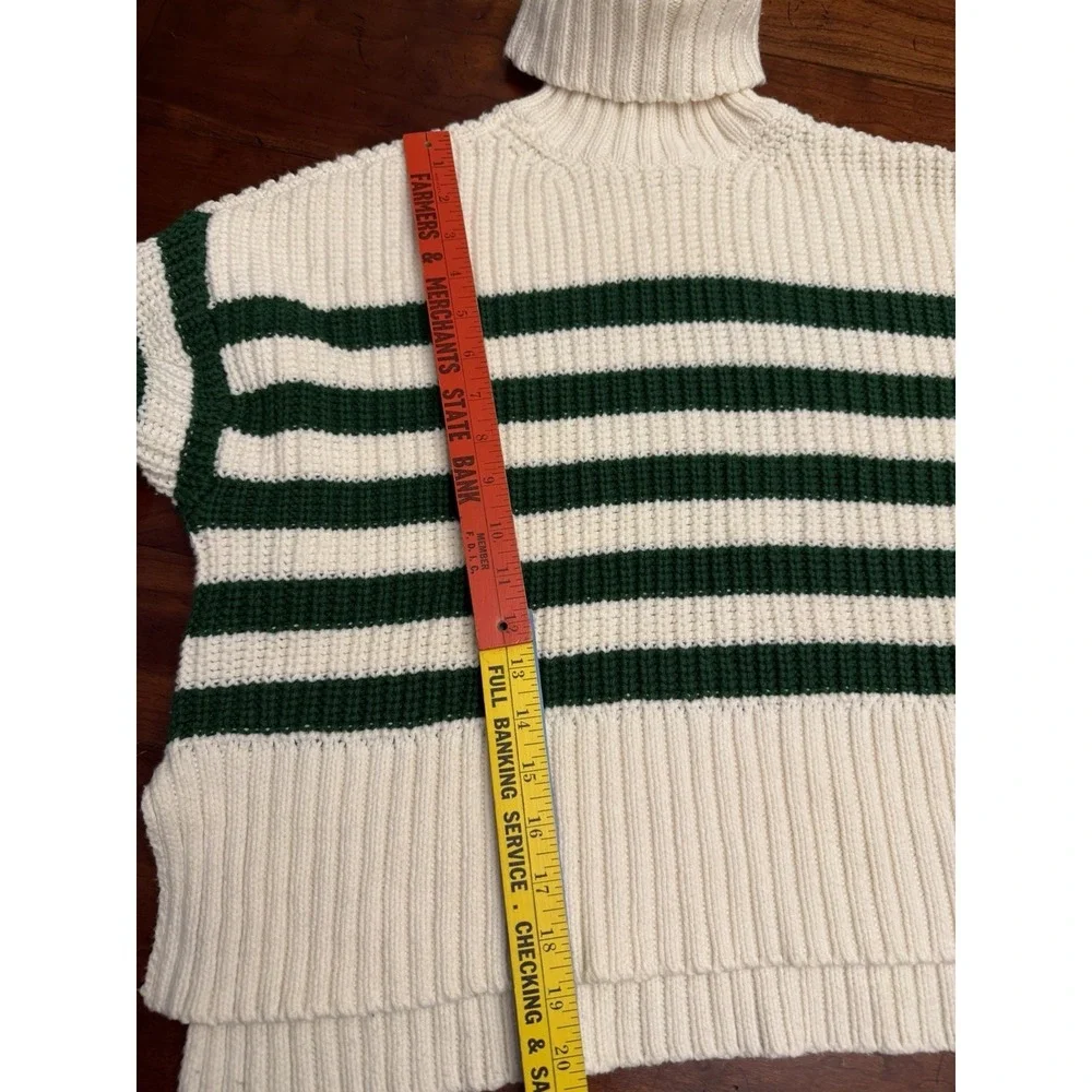 Madewell Wide Rib Turtleneck Sweater‎ Varsity Green Striped Cream Crop XS NO064